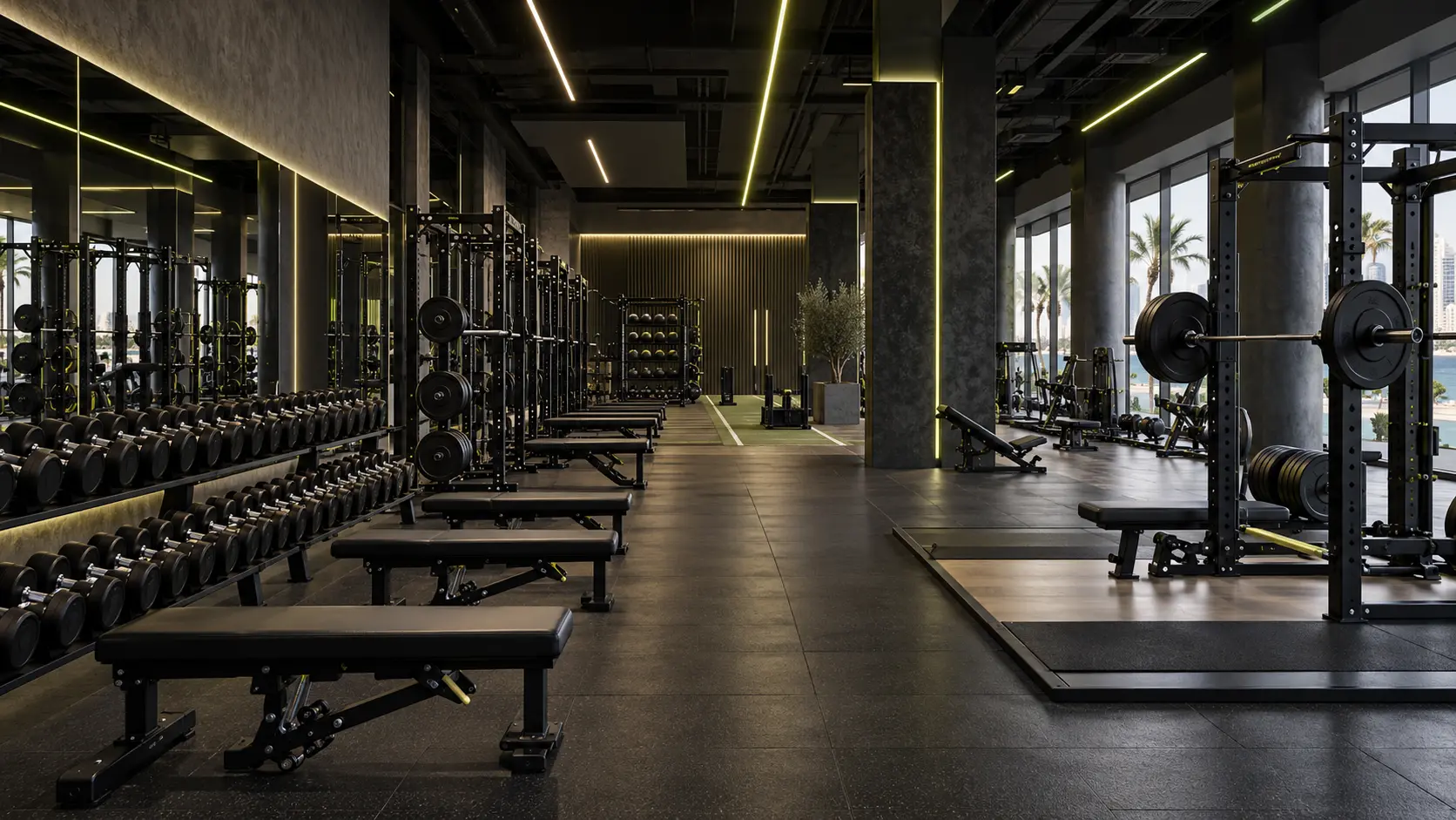 Wide view of a premium strength training floor